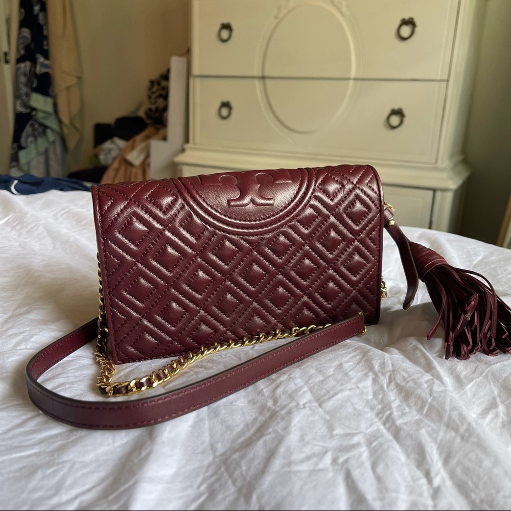 Tory Burch Fleming Wallet Cross Body- Burgundy